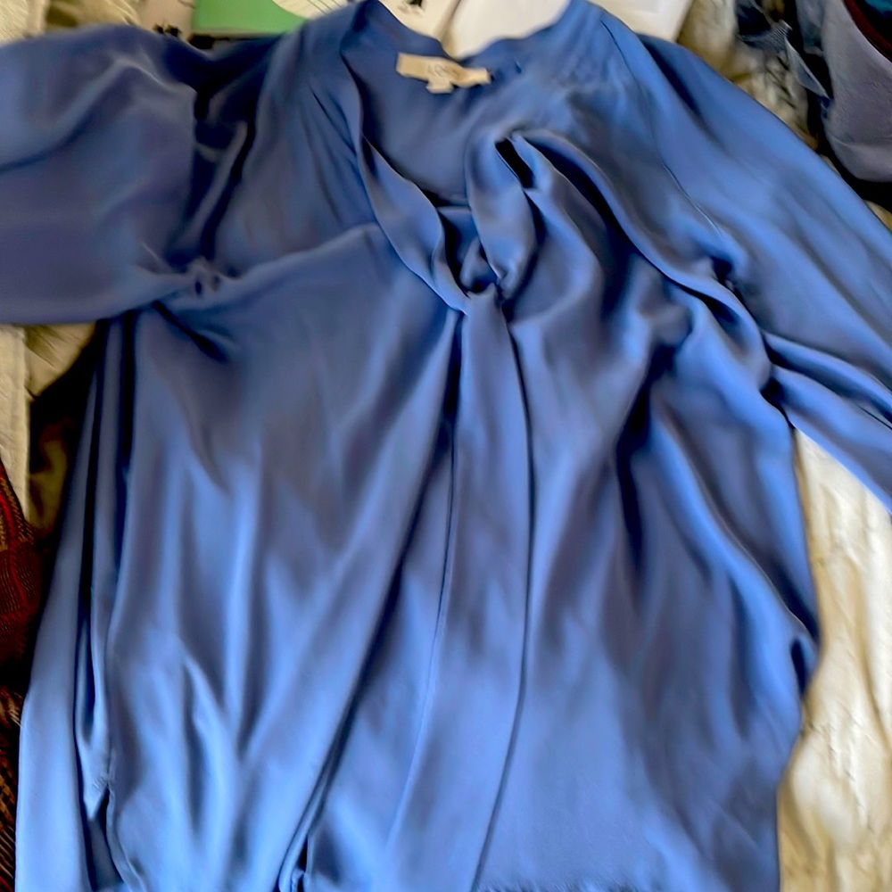 Powder blue silk tie neck blouse